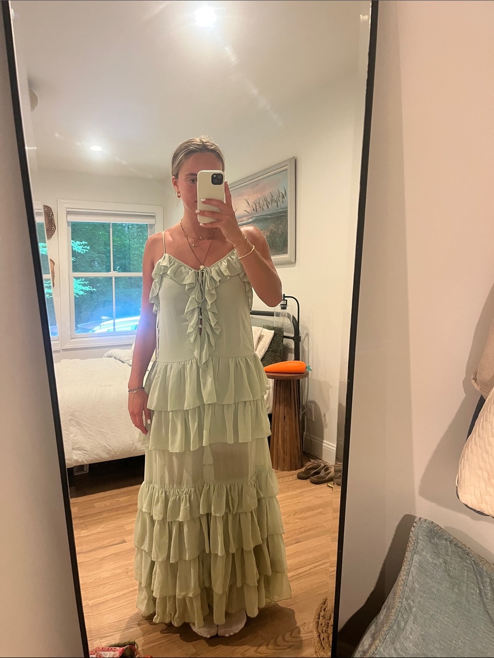Torn by Ronny Kobo Sage Green Ruffle Tiered Maxi Dress